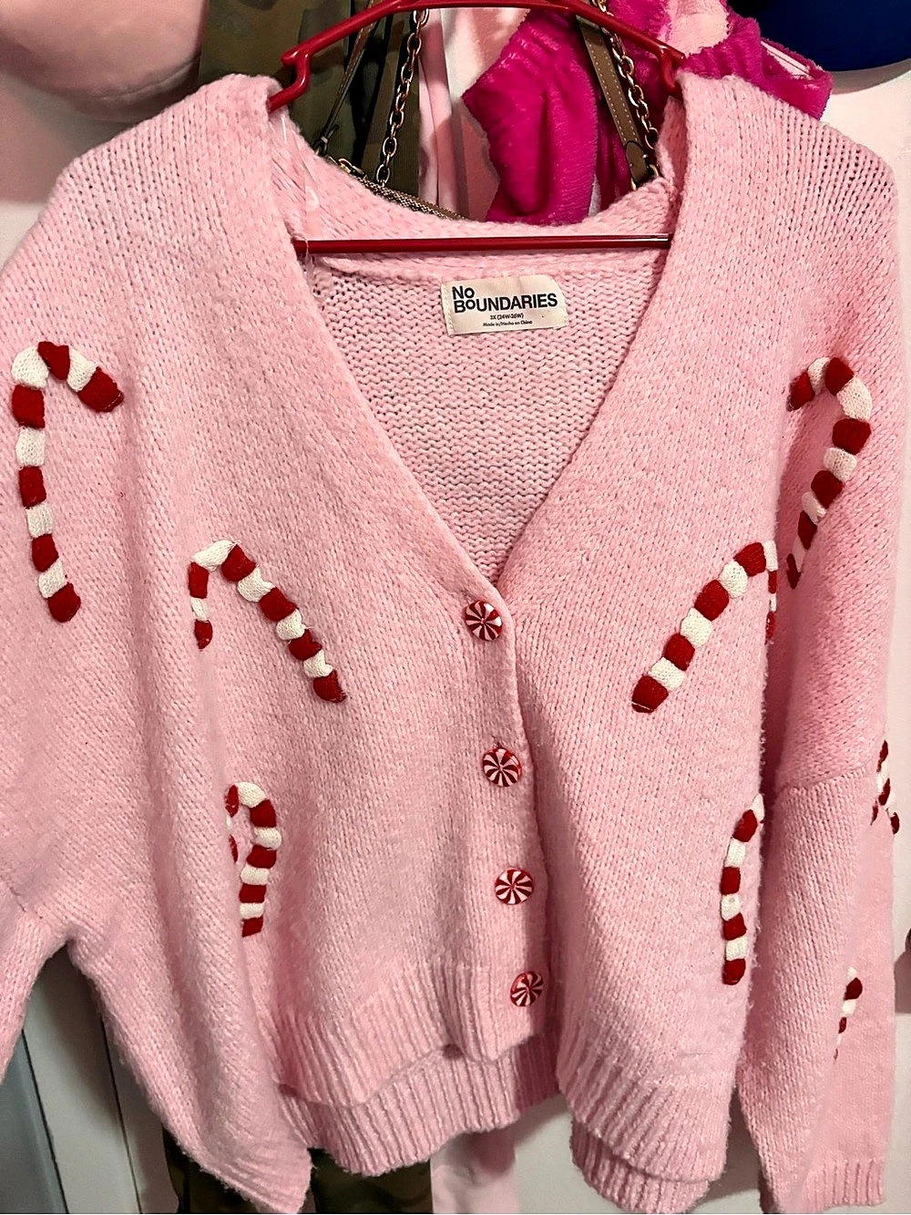 No Boundaries Embroidered Christmas Cardigan Pink & Red 3X